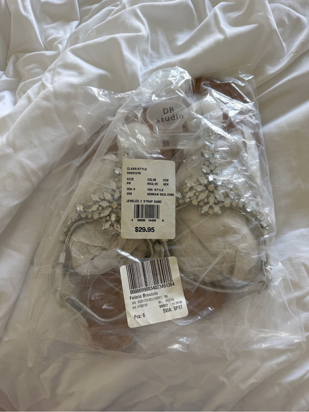 David's Bridal Jeweled T-Strap Sandal in Sand with Silver Accents